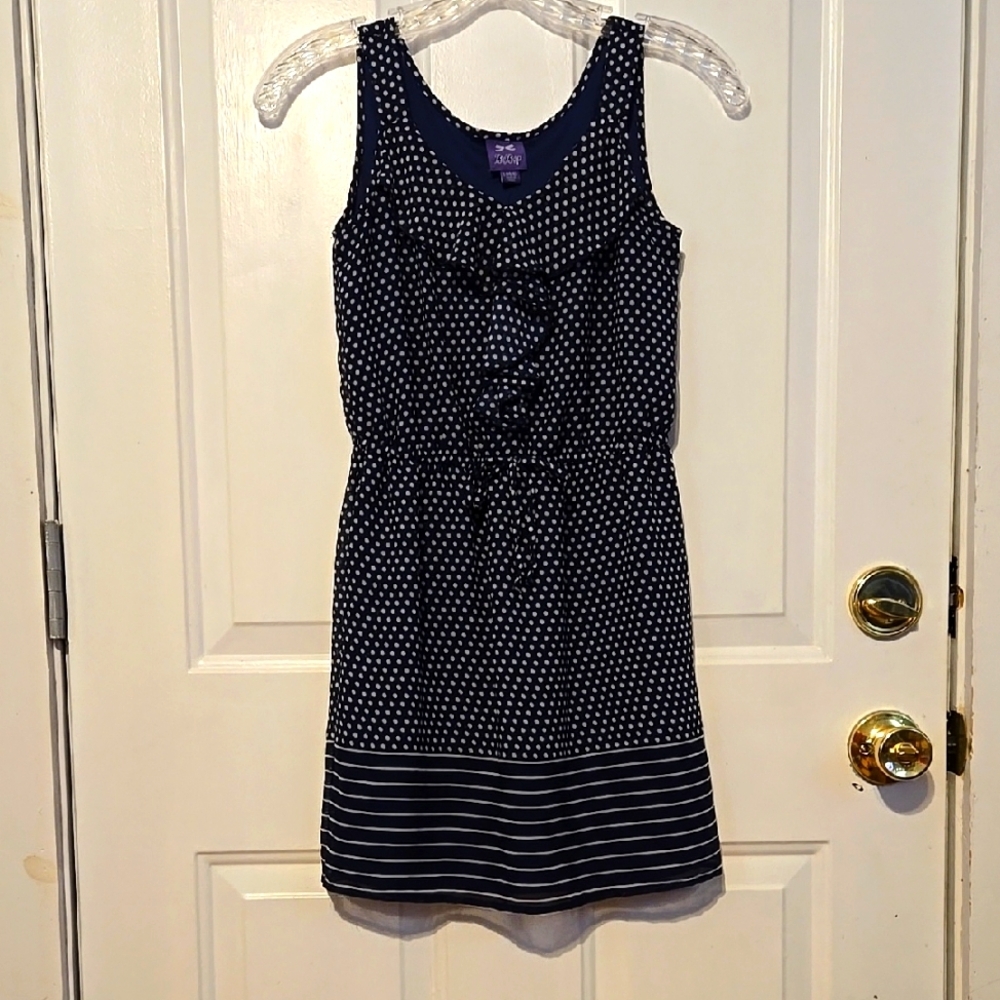 BeBop, Mini Dress, Child's Lg 14/16, Navy, Striped, Polka Dot, Ruffled, Tank